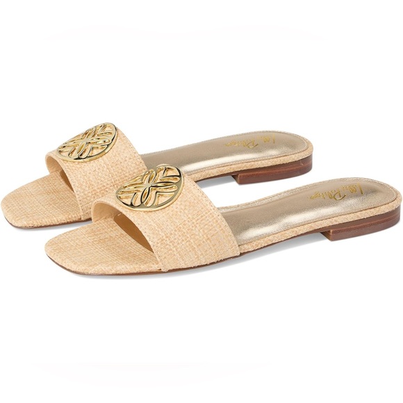 NWT Lilly Pulitzer Nessa Tan and Gold Slide Sandals, Sz 6 - Picture 1 of 7